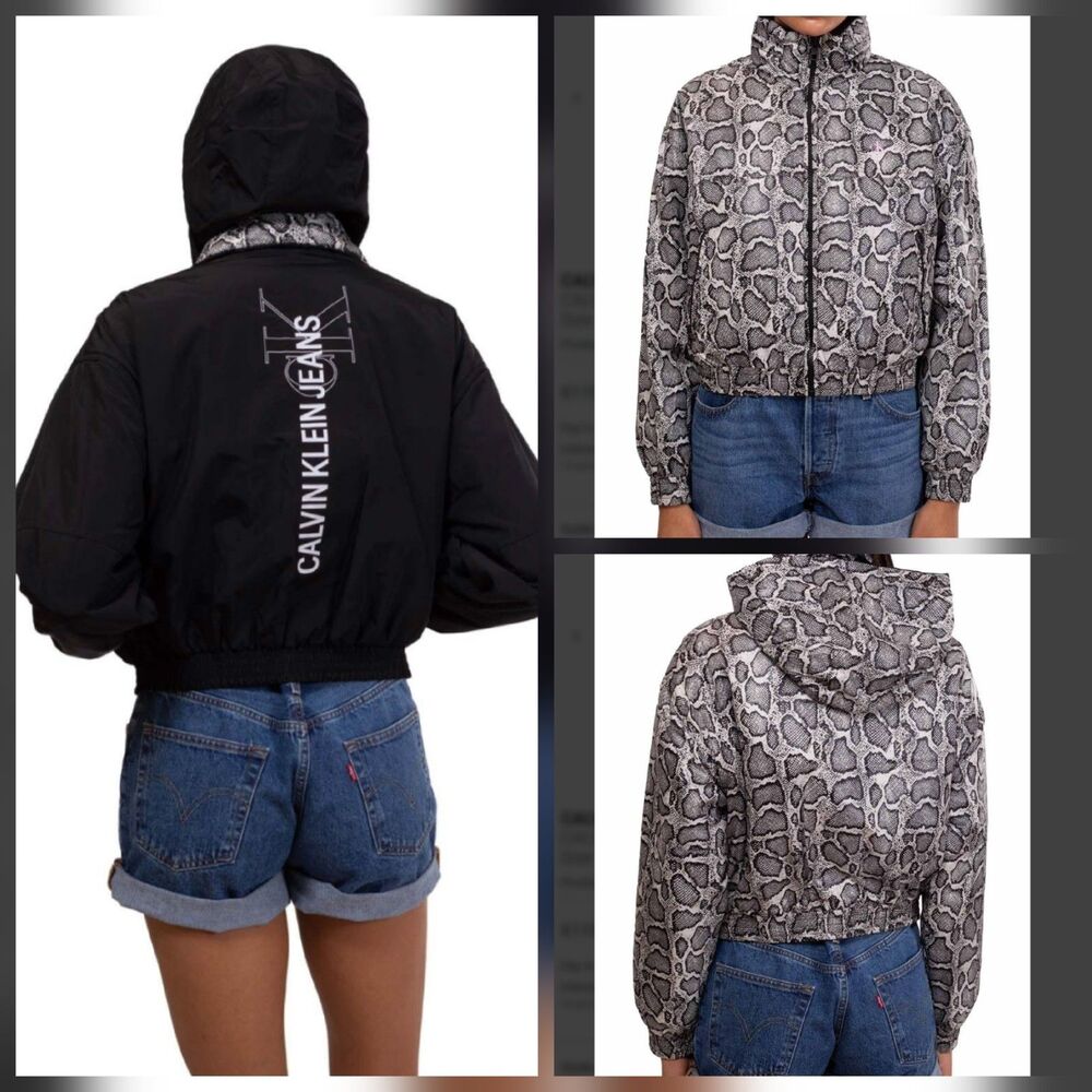 Calvin Klein Jeans Womens Cropped Reversible Down Jacket Black/Python Size S